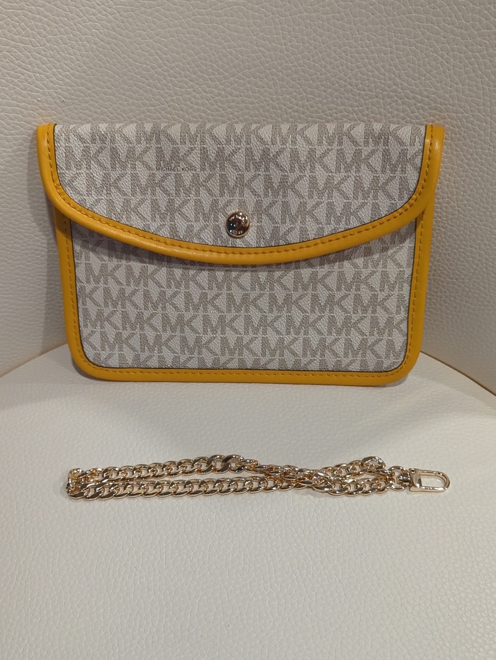 Michael Kors Beige Signature Monogram Clutch with Yellow Trim